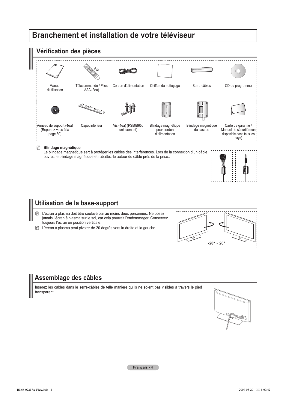 Branchement et installation de votre téléviseur, Assemblage des câbles, Utilisation de la base-support | Vérification des pièces | Samsung PS50B679S1S User Manual | Page 177 / 339