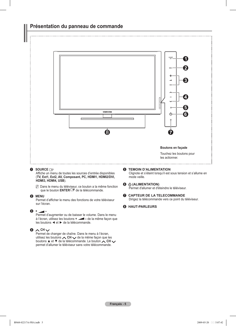 Présentation du panneau de commande | Samsung PS50B679S1S User Manual | Page 178 / 339