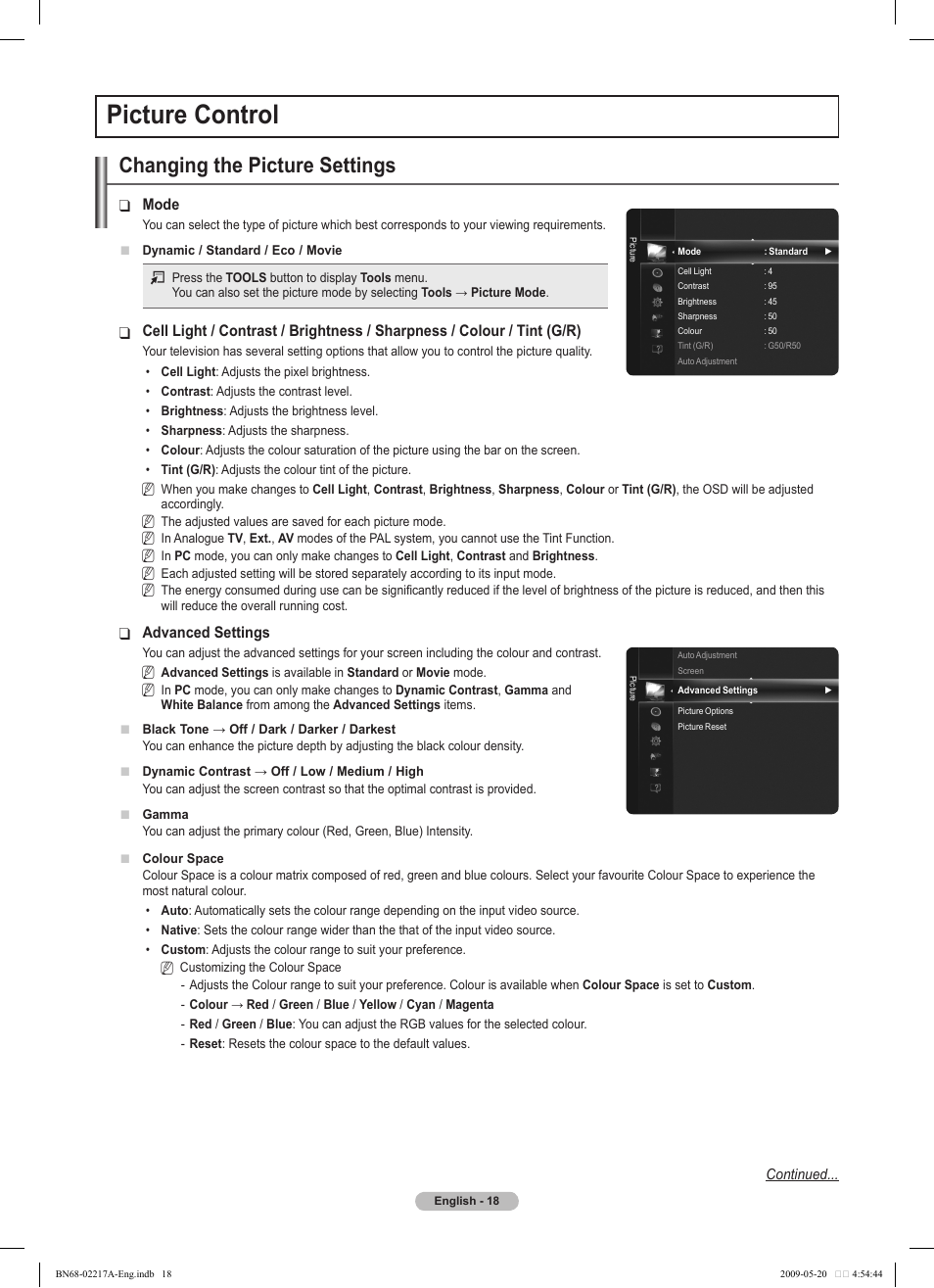 Picture control, Changing the picture settings | Samsung PS50B679S1S User Manual | Page 18 / 339