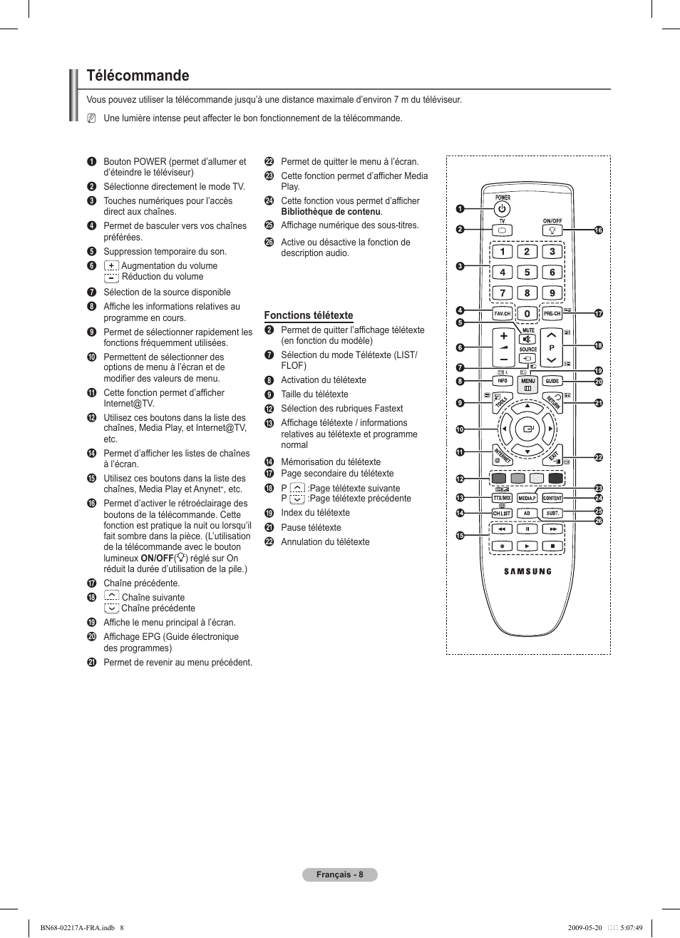 Télécommande | Samsung PS50B679S1S User Manual | Page 181 / 339