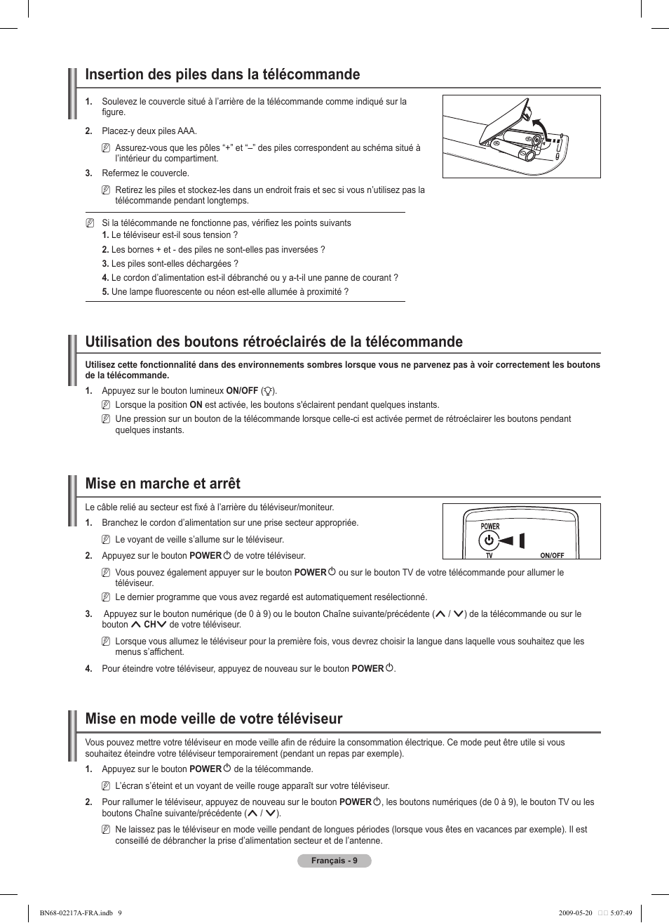 Insertion des piles dans la télécommande, Mise en marche et arrêt, Mise en mode veille de votre téléviseur | Samsung PS50B679S1S User Manual | Page 182 / 339
