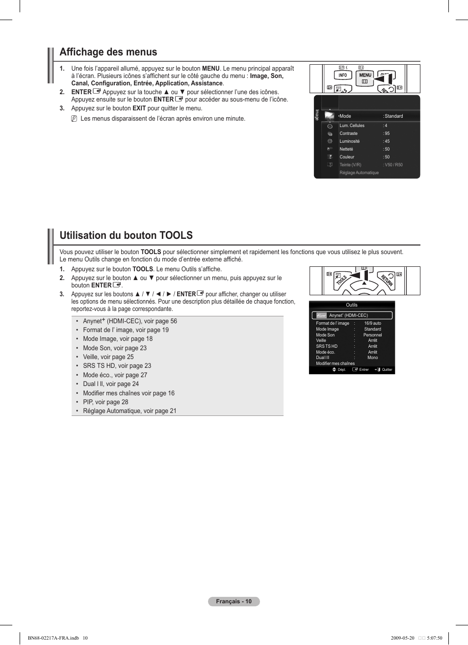 Affichage des menus, Utilisation du bouton tools | Samsung PS50B679S1S User Manual | Page 183 / 339