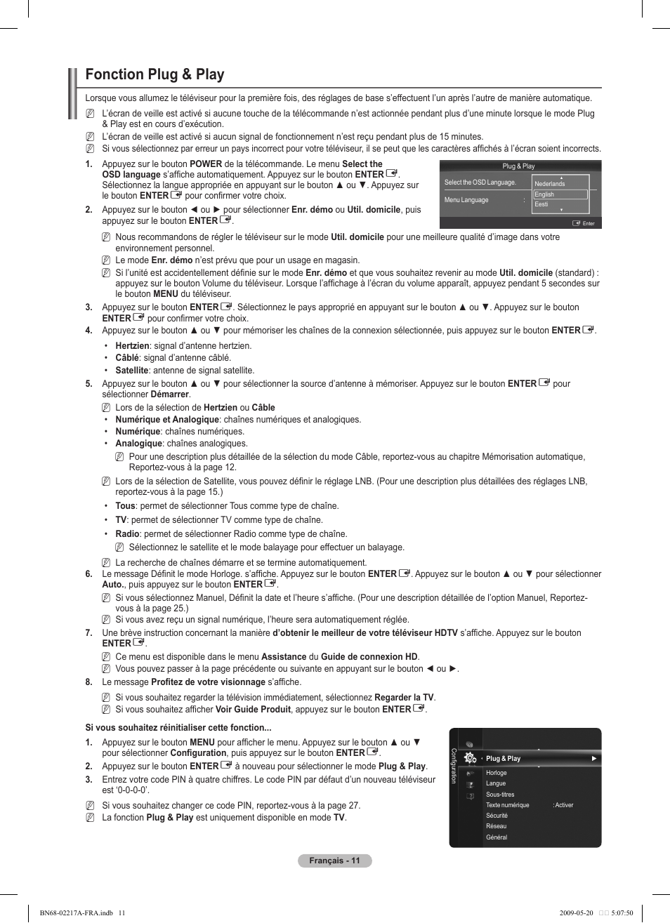 Fonction plug & play | Samsung PS50B679S1S User Manual | Page 184 / 339