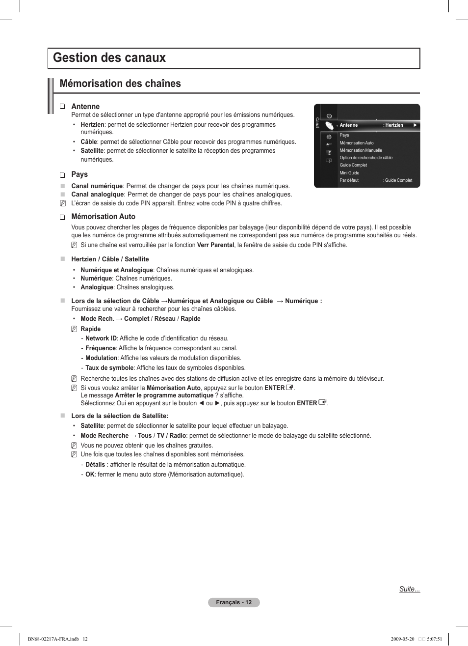Gestion des canaux, Mémorisation des chaînes | Samsung PS50B679S1S User Manual | Page 185 / 339