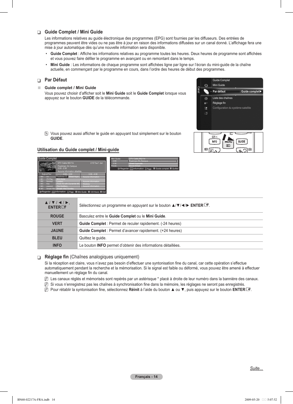 Guide ❑ complet / mini guide, Par défaut, Réglage fin ❑ (chaînes analogiques uniquement) | Utilisation du guide complet / mini-guide, Suite | Samsung PS50B679S1S User Manual | Page 187 / 339