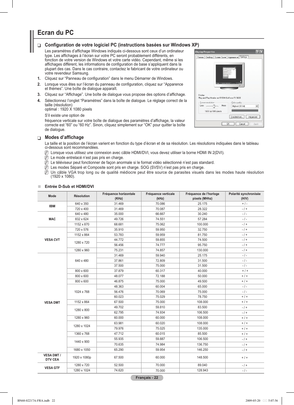 Ecran du pc, Modes d’affichage | Samsung PS50B679S1S User Manual | Page 195 / 339