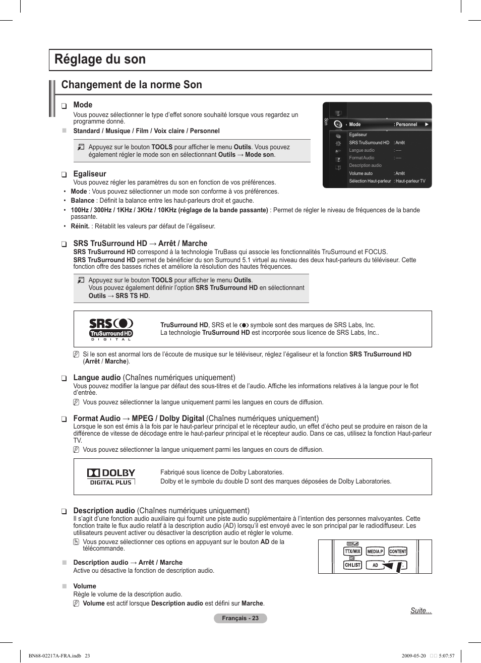 Réglage du son, Changement de la norme son | Samsung PS50B679S1S User Manual | Page 196 / 339