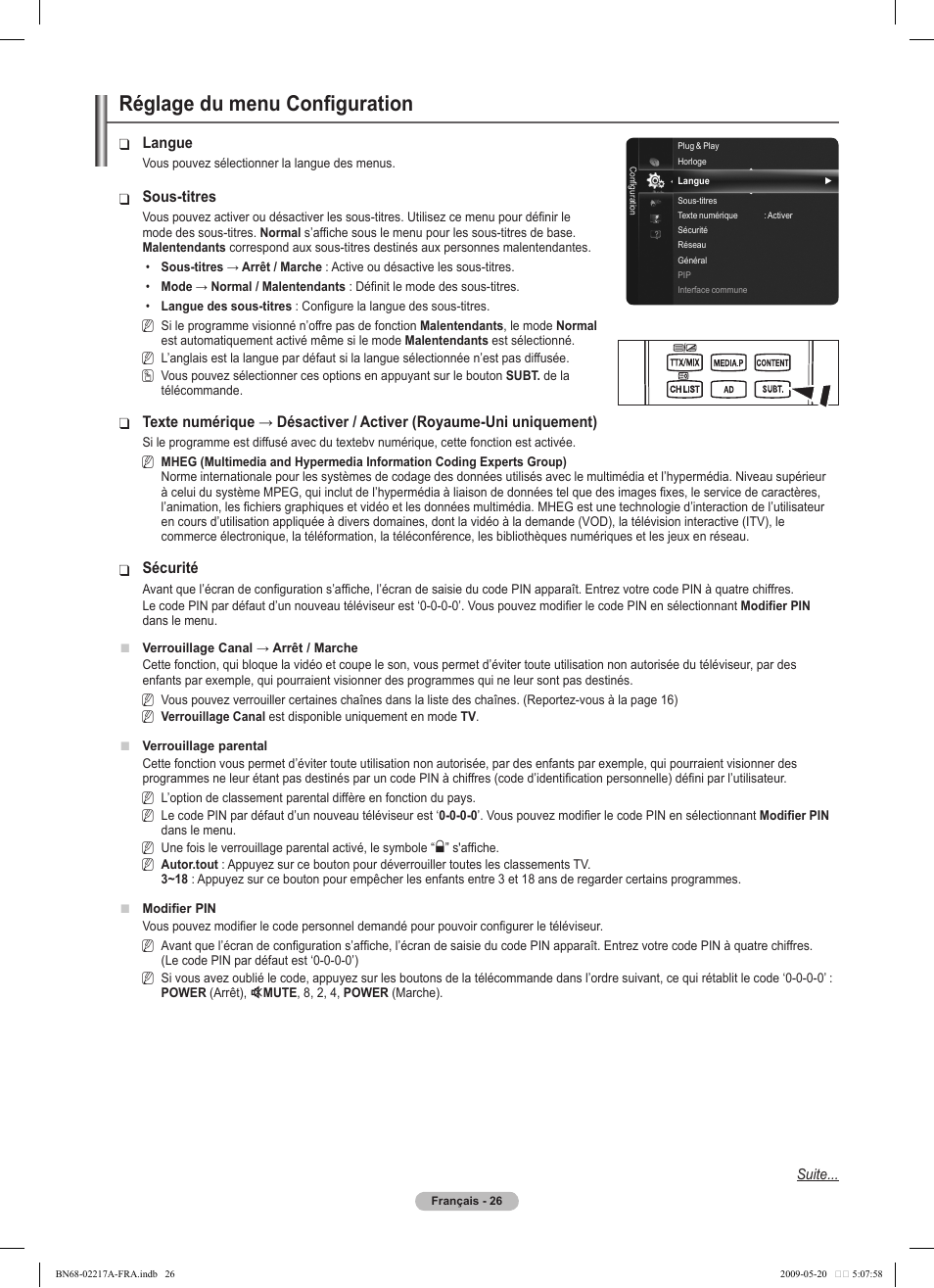Réglage du menu configuration | Samsung PS50B679S1S User Manual | Page 199 / 339