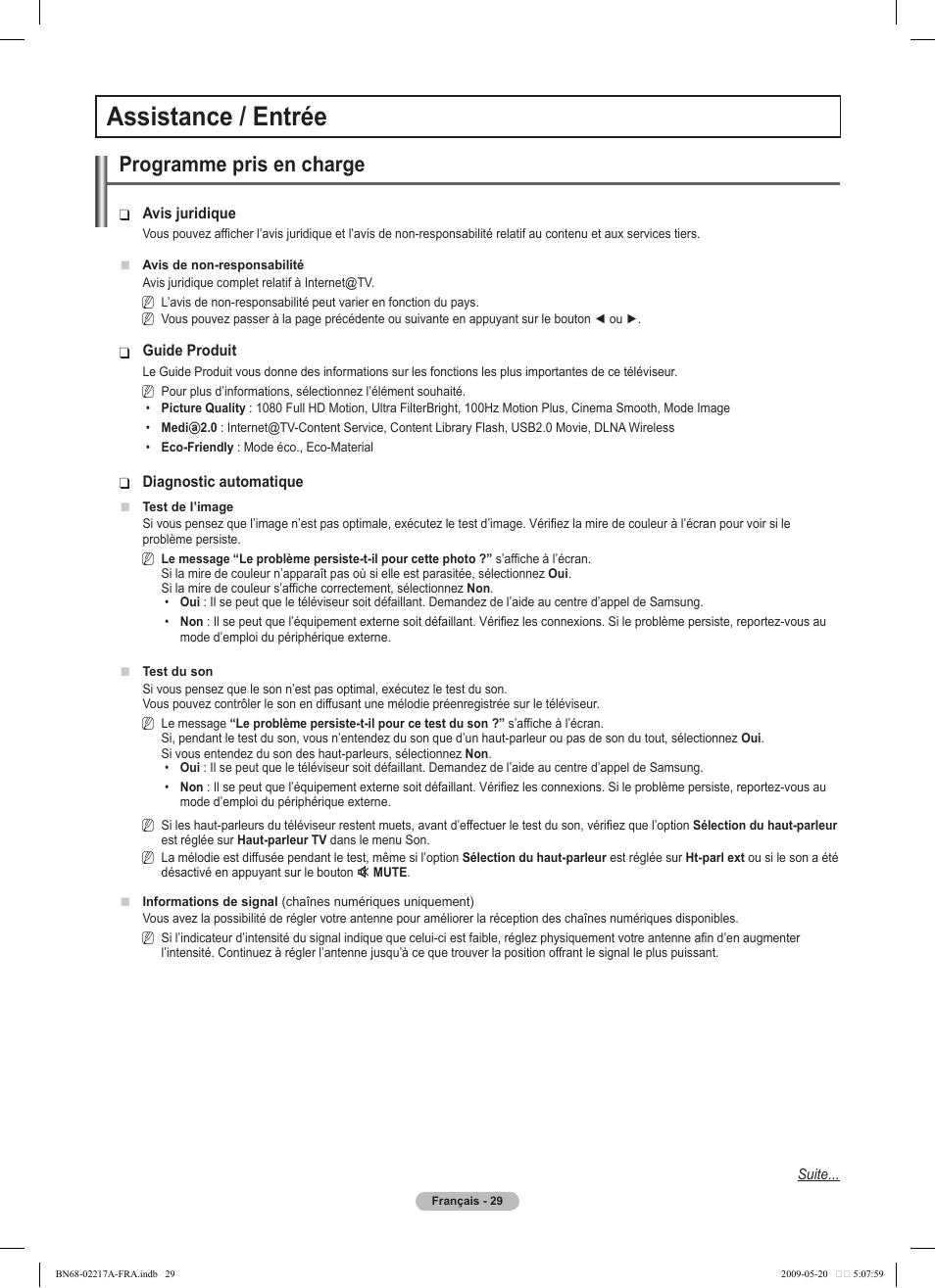 Assistance / entrée, Programme pris en charge | Samsung PS50B679S1S User Manual | Page 202 / 339