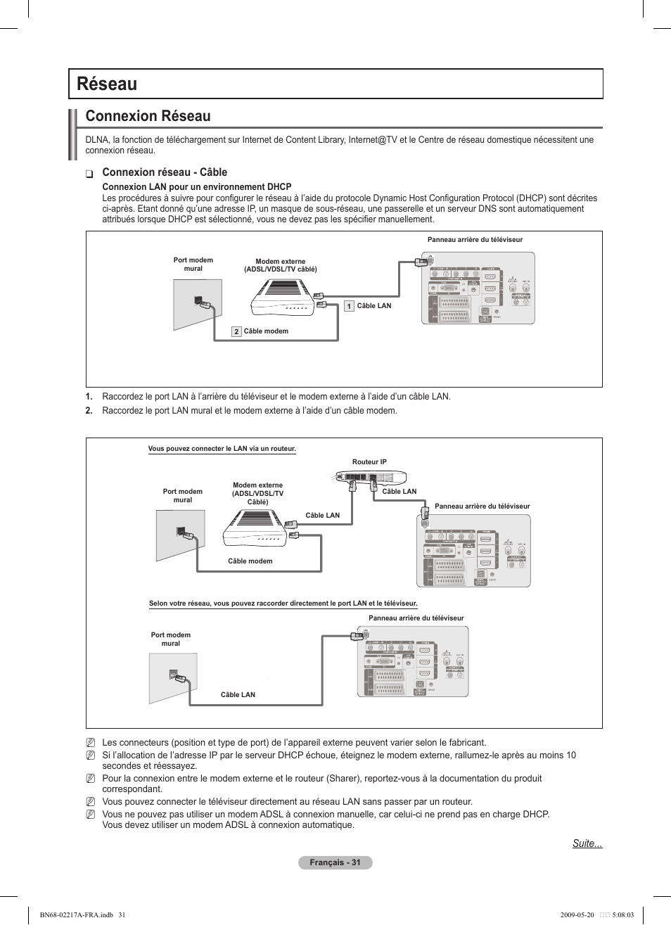 Réseau, Connexion réseau, Connexion réseau - câble | Samsung PS50B679S1S User Manual | Page 204 / 339