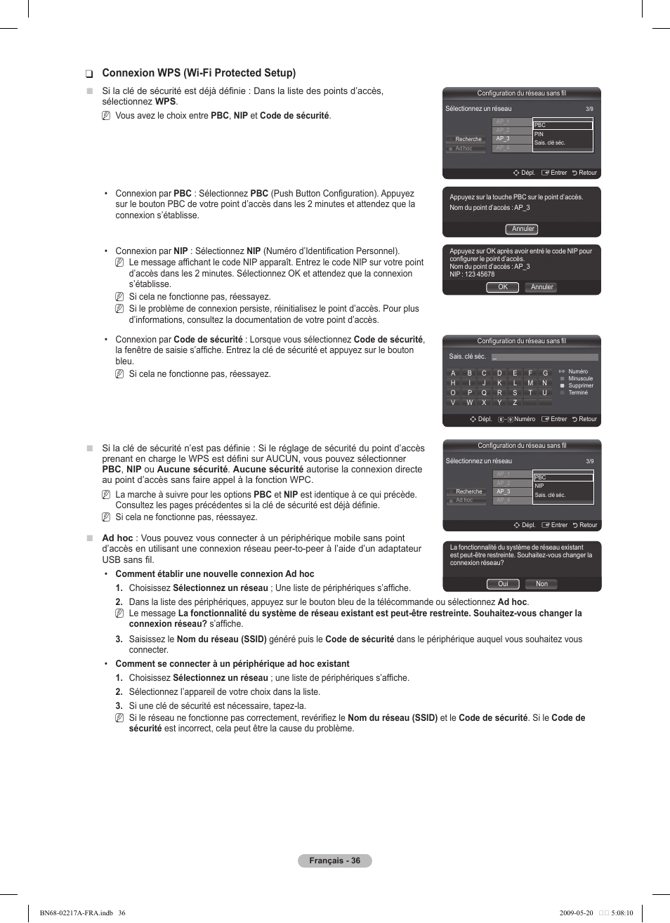 Connexion wps (wi-fi protected setup) | Samsung PS50B679S1S User Manual | Page 209 / 339