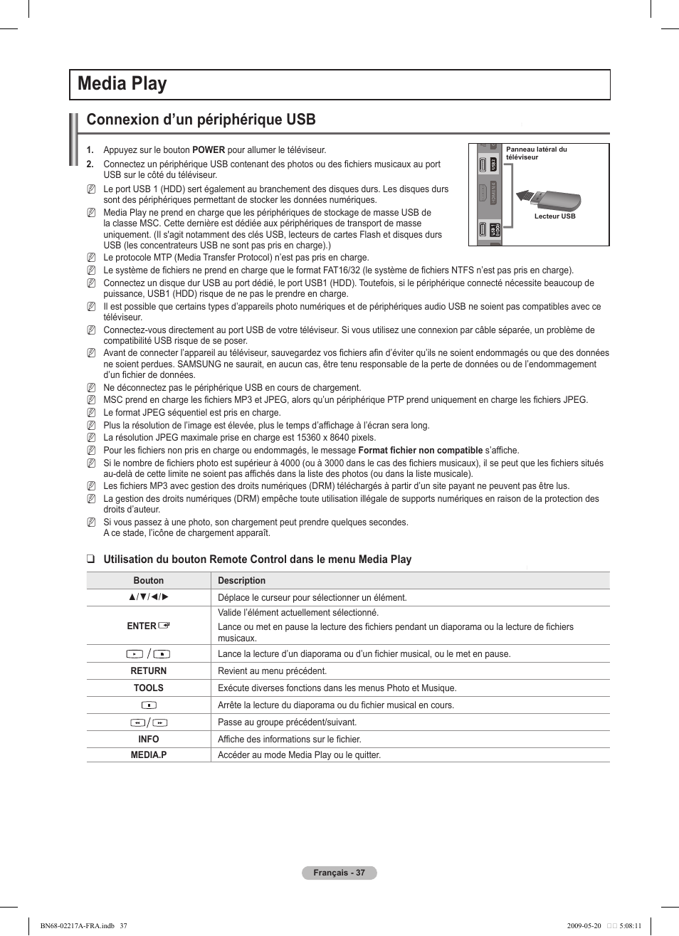 Media play, Connexion d’un périphérique usb | Samsung PS50B679S1S User Manual | Page 210 / 339