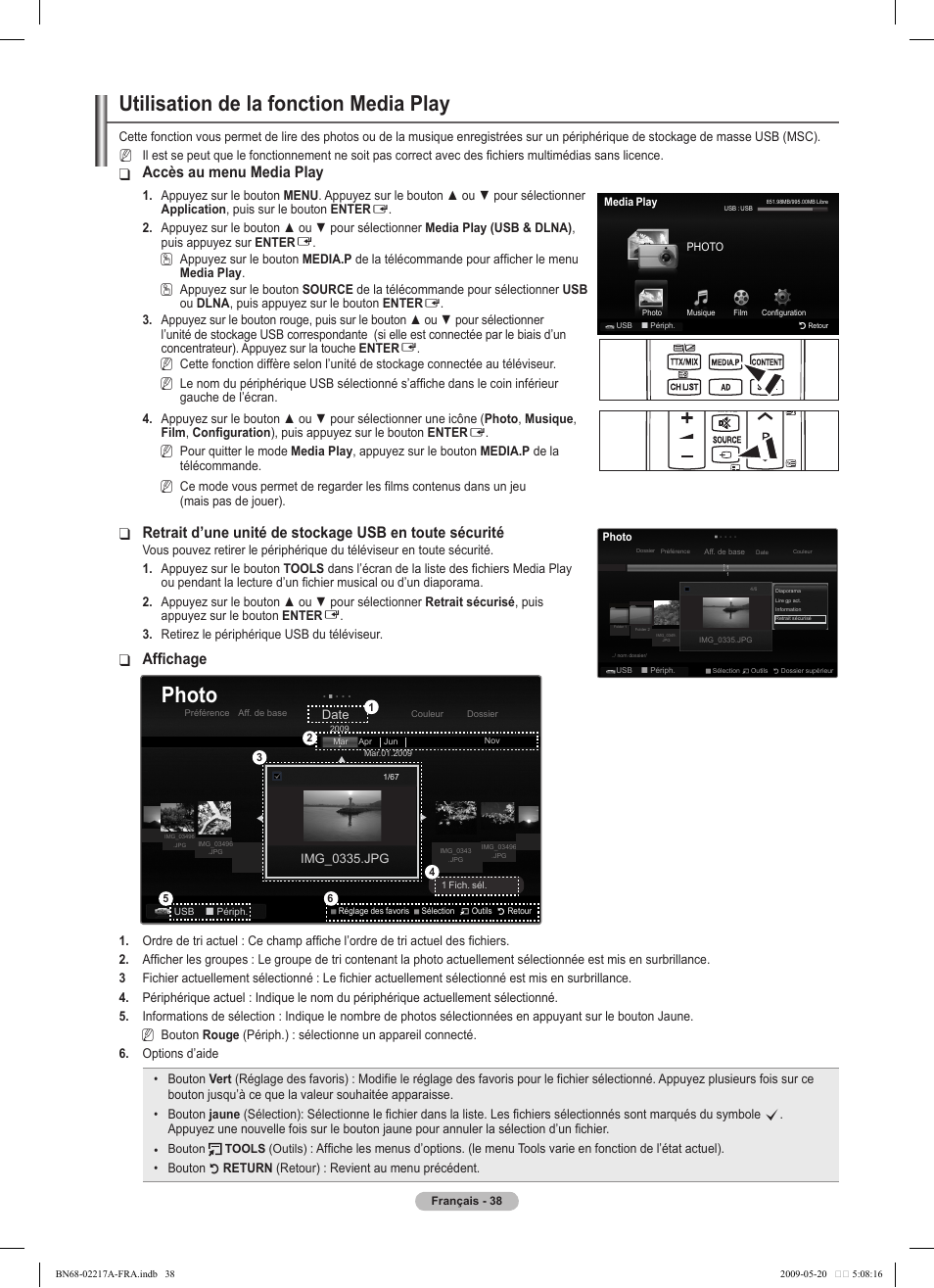 Utilisation de la fonction media play, Photo, Accès au menu media play | Affichage | Samsung PS50B679S1S User Manual | Page 211 / 339