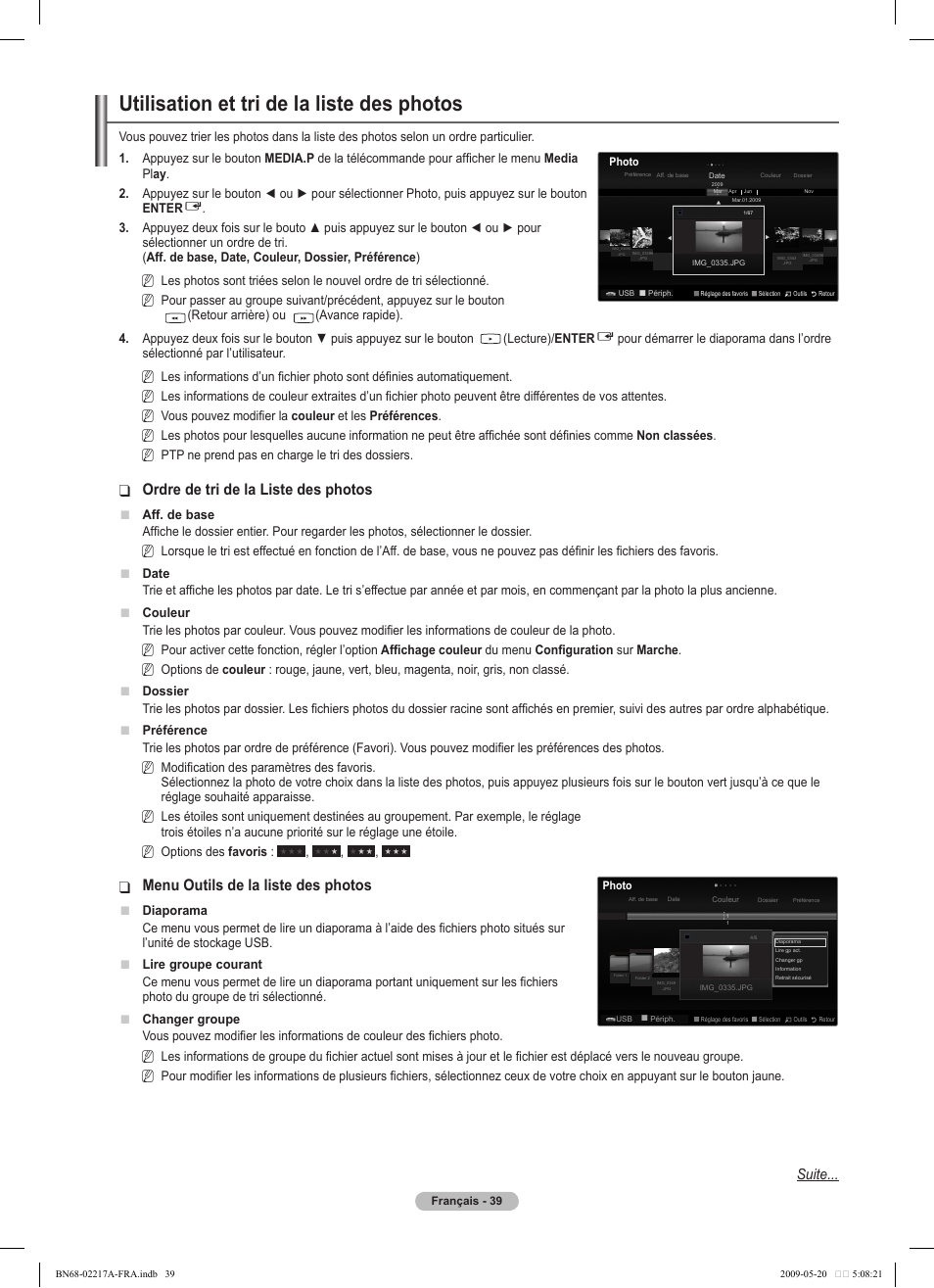 Utilisation et tri de la liste des photos, Ordre de tri de la liste des photos, Menu outils de la liste des photos | Suite | Samsung PS50B679S1S User Manual | Page 212 / 339