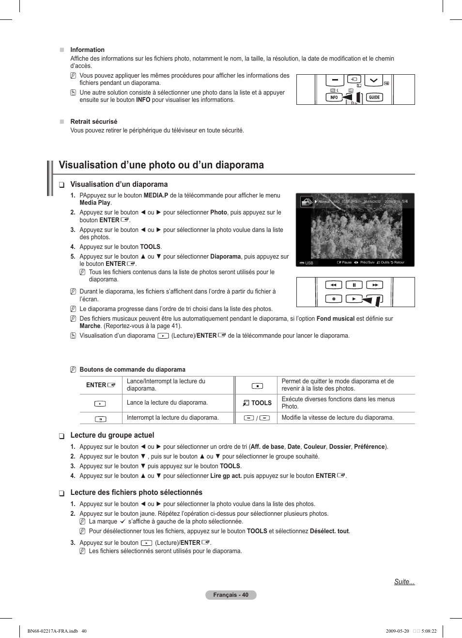 Visualisation d’une photo ou d’un diaporama, Visualisation d’un diaporama, Lecture du groupe actuel | Lecture des fichiers photo sélectionnés | Samsung PS50B679S1S User Manual | Page 213 / 339