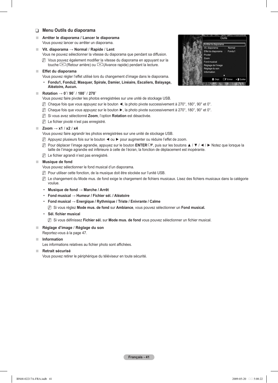 Menu outils du diaporama | Samsung PS50B679S1S User Manual | Page 214 / 339