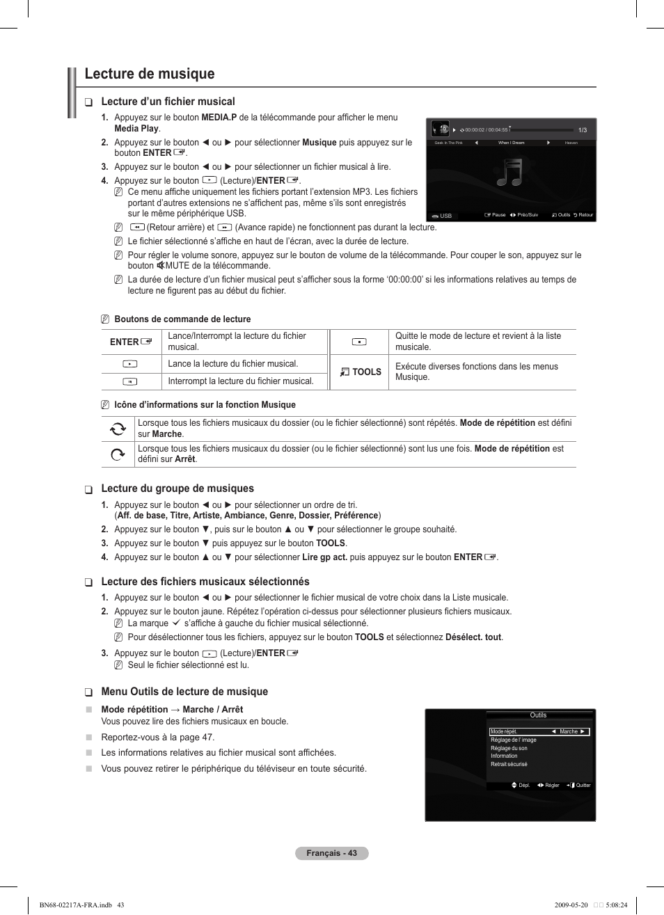 Lecture de musique, Lecture d’un fichier musical, Lecture du groupe de musiques | Lecture des fichiers musicaux sélectionnés, Menu outils de lecture de musique | Samsung PS50B679S1S User Manual | Page 216 / 339