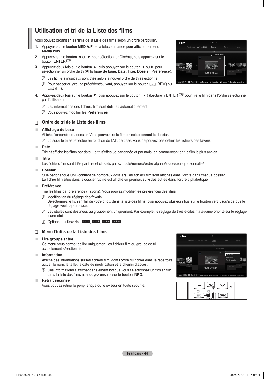 Utilisation et tri de la liste des films, Ordre de tri de la liste des films, Menu outils de la liste des films | Samsung PS50B679S1S User Manual | Page 217 / 339