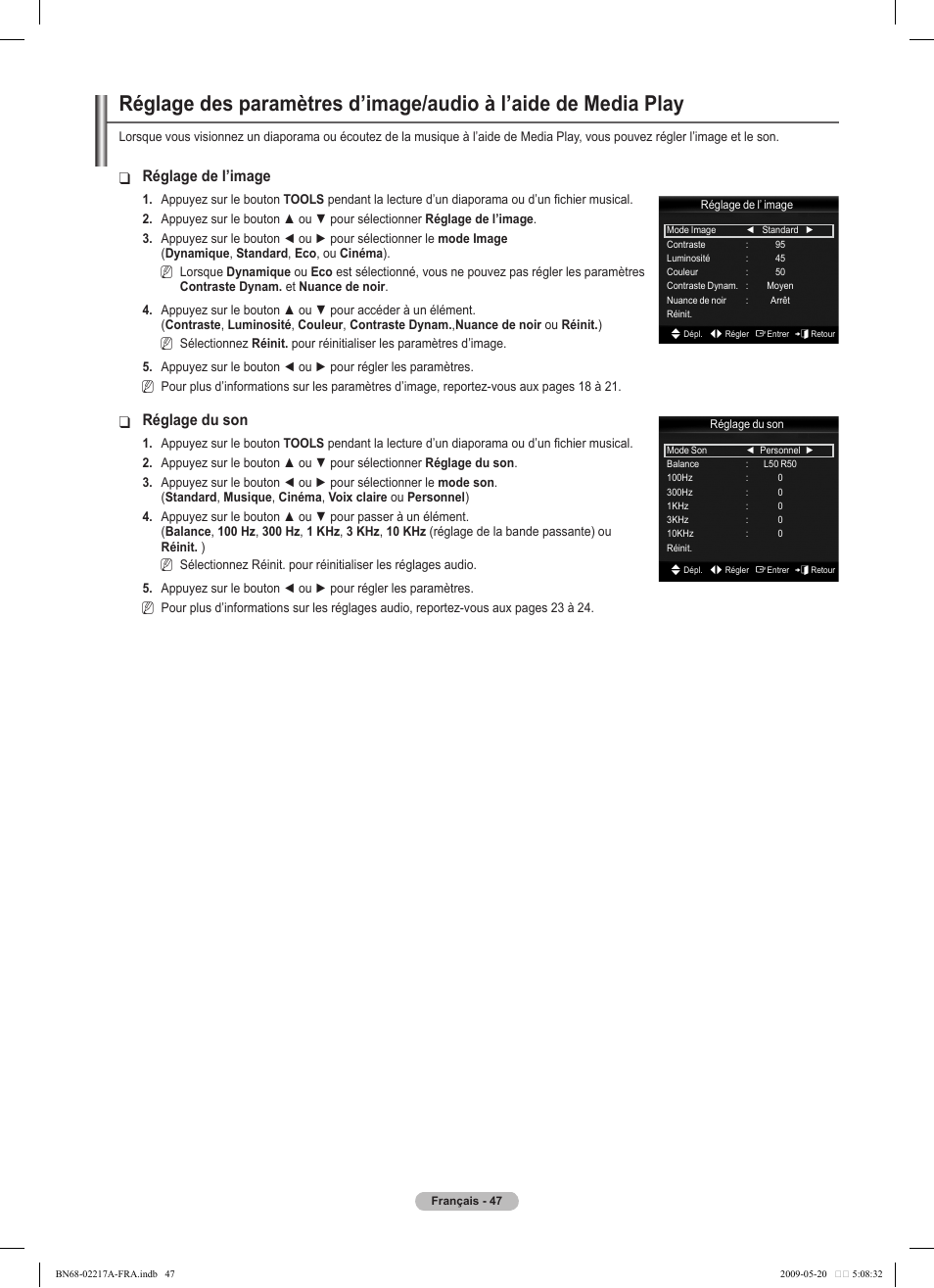 Réglage de l’image, Réglage du son | Samsung PS50B679S1S User Manual | Page 220 / 339