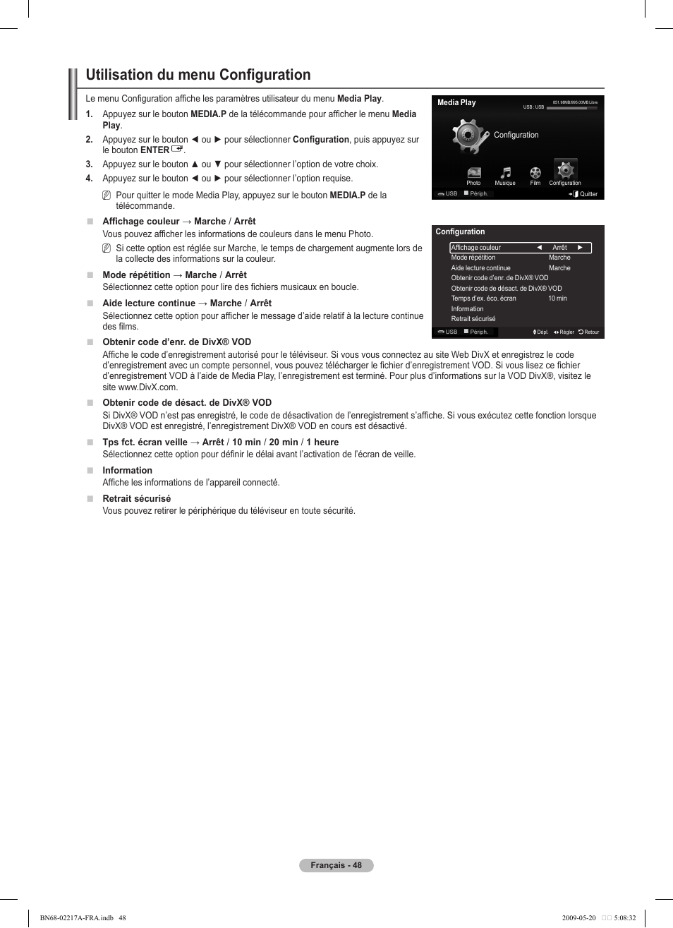 Utilisation du menu configuration | Samsung PS50B679S1S User Manual | Page 221 / 339