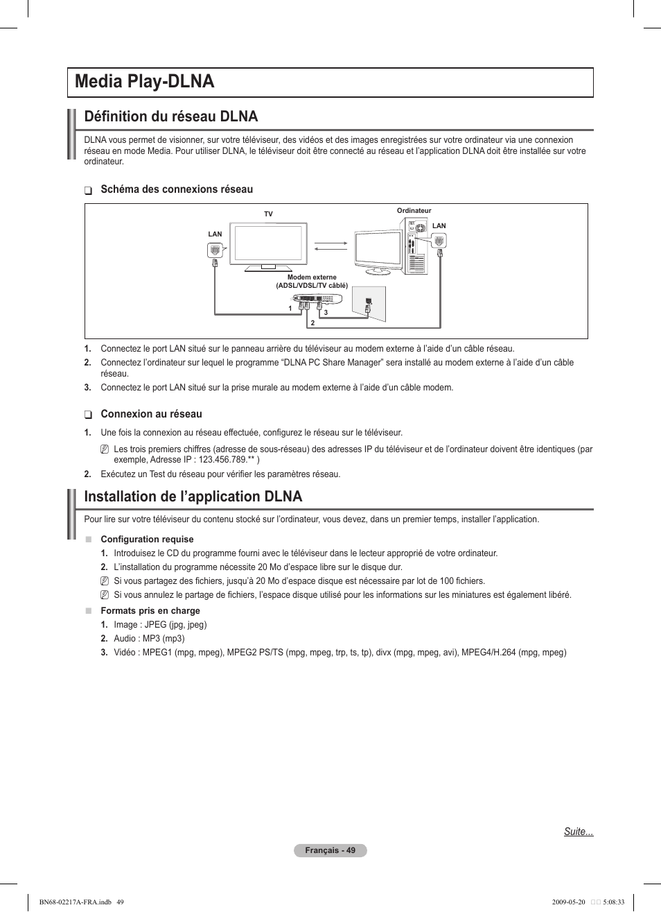 Media play-dlna, Définition du réseau dlna, Installation de l’application dlna | Samsung PS50B679S1S User Manual | Page 222 / 339