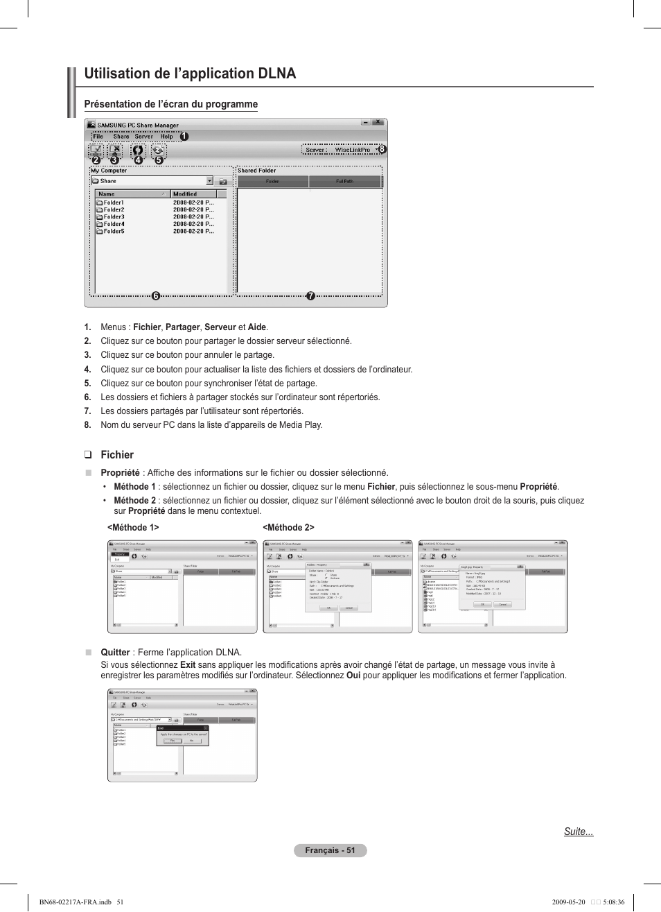 Utilisation de l’application dlna, Fichier, Suite | Présentation de l’écran du programme | Samsung PS50B679S1S User Manual | Page 224 / 339