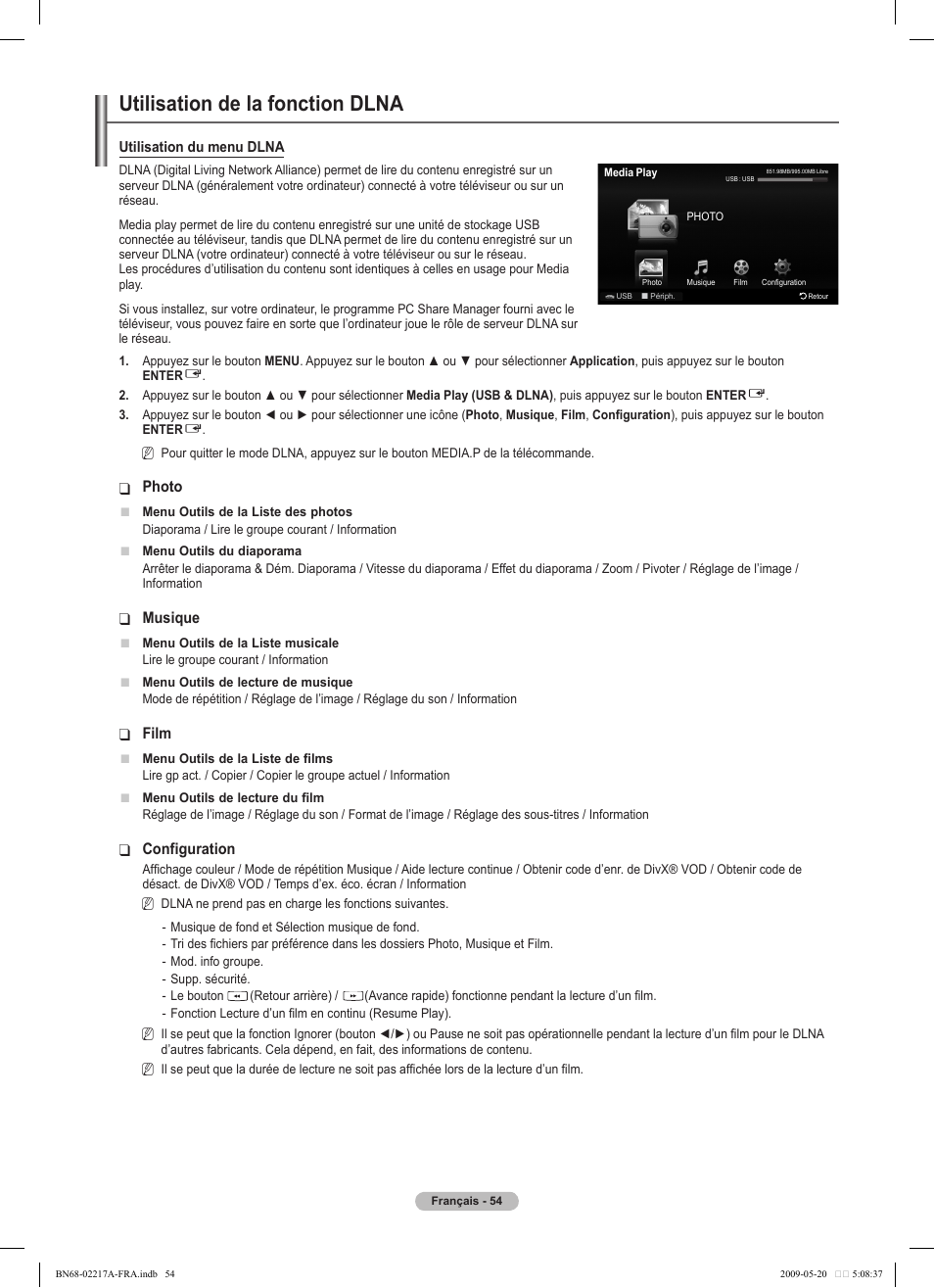 Utilisation de la fonction dlna, Photo, Musique | Film, Configuration | Samsung PS50B679S1S User Manual | Page 227 / 339