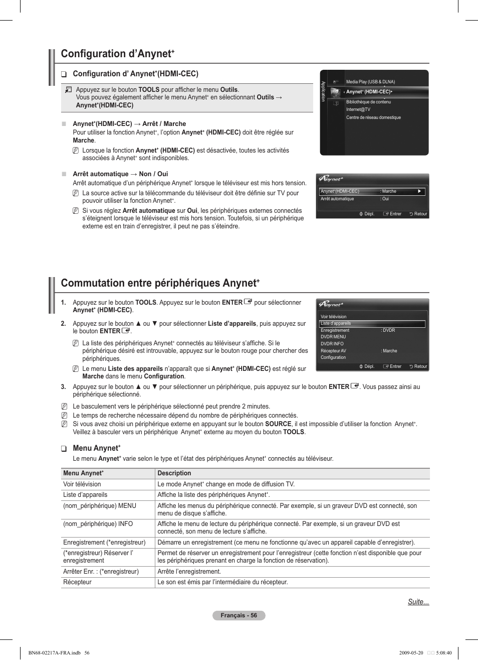 Configuration d’anynet, Commutation entre périphériques anynet, Configuration d’ anynet | Hdmi-cec), Menu anynet | Samsung PS50B679S1S User Manual | Page 229 / 339