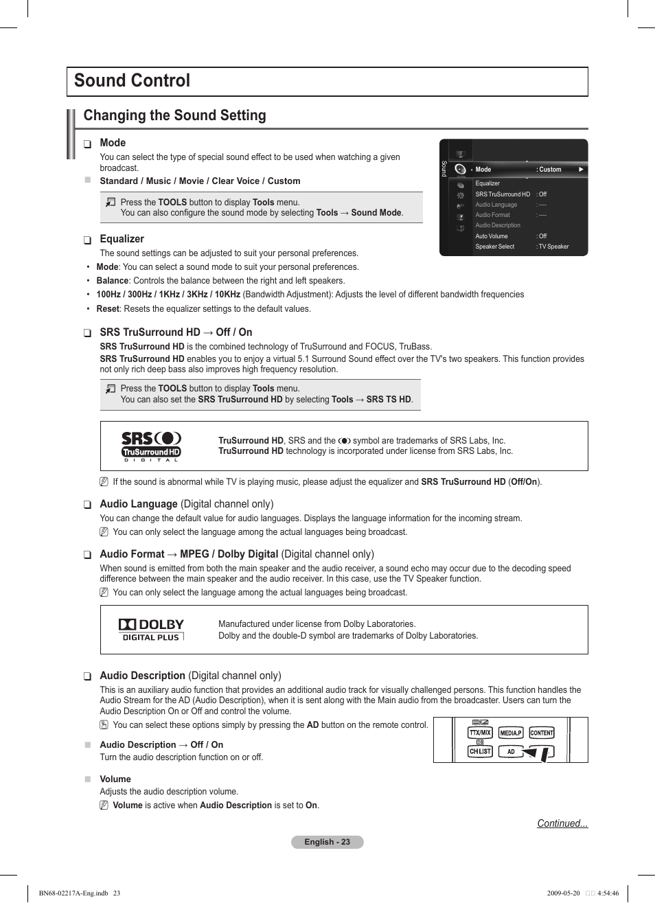 Sound control, Changing the sound setting | Samsung PS50B679S1S User Manual | Page 23 / 339