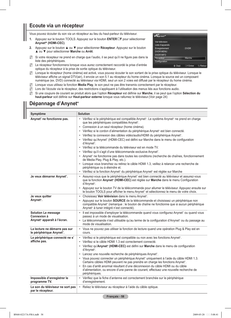 Ecoute via un récepteur, Dépannage d’anynet | Samsung PS50B679S1S User Manual | Page 231 / 339