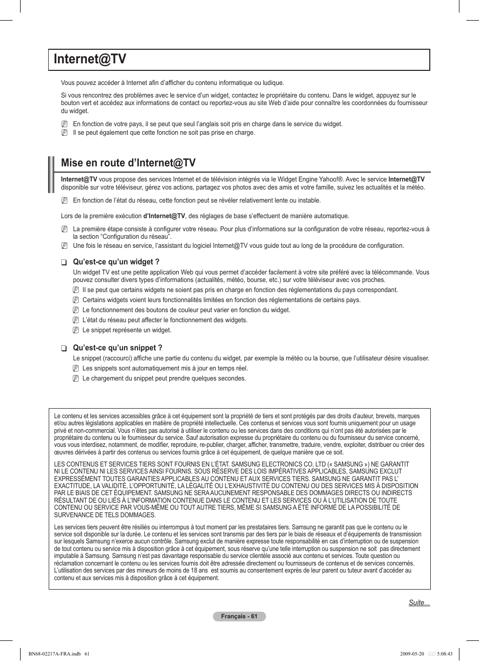 Internet@tv, Mise en route d’internet@tv | Samsung PS50B679S1S User Manual | Page 234 / 339