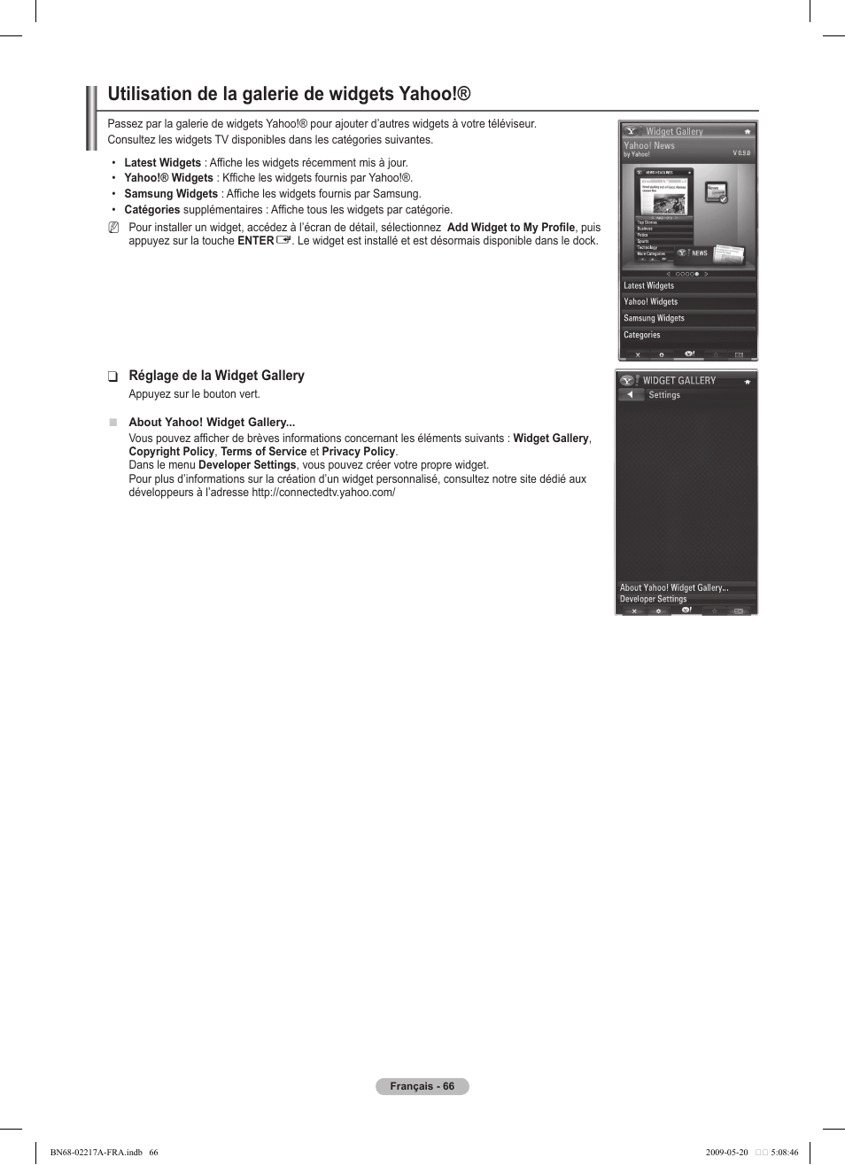 Utilisation de la galerie de widgets yahoo | Samsung PS50B679S1S User Manual | Page 239 / 339