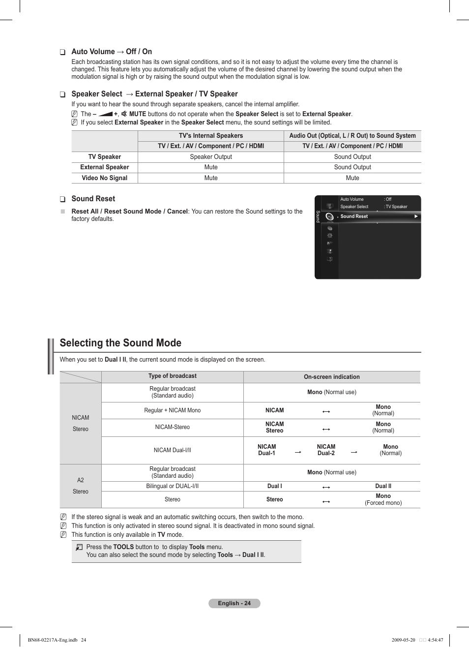 Selecting the sound mode | Samsung PS50B679S1S User Manual | Page 24 / 339