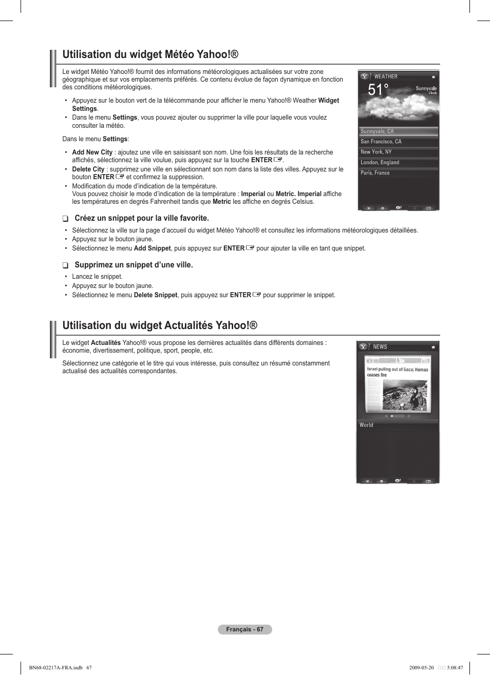 Utilisation du widget météo yahoo, Utilisation du widget actualités yahoo | Samsung PS50B679S1S User Manual | Page 240 / 339