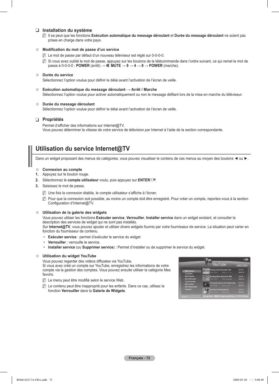 Utilisation du service internet@tv, Installation du système, Propriétés | Samsung PS50B679S1S User Manual | Page 245 / 339