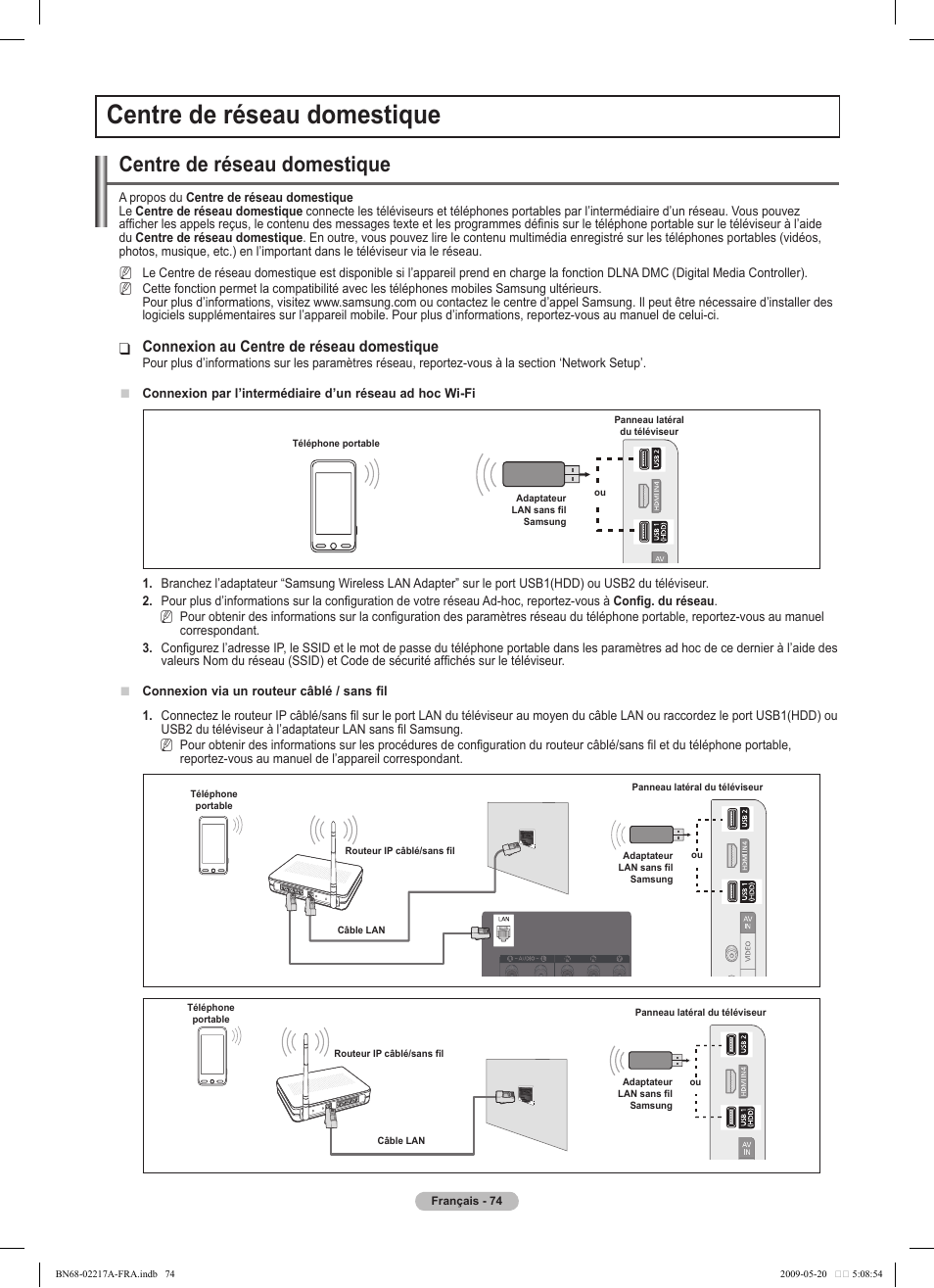 Centre de réseau domestique, Connexion au centre de réseau domestique | Samsung PS50B679S1S User Manual | Page 247 / 339