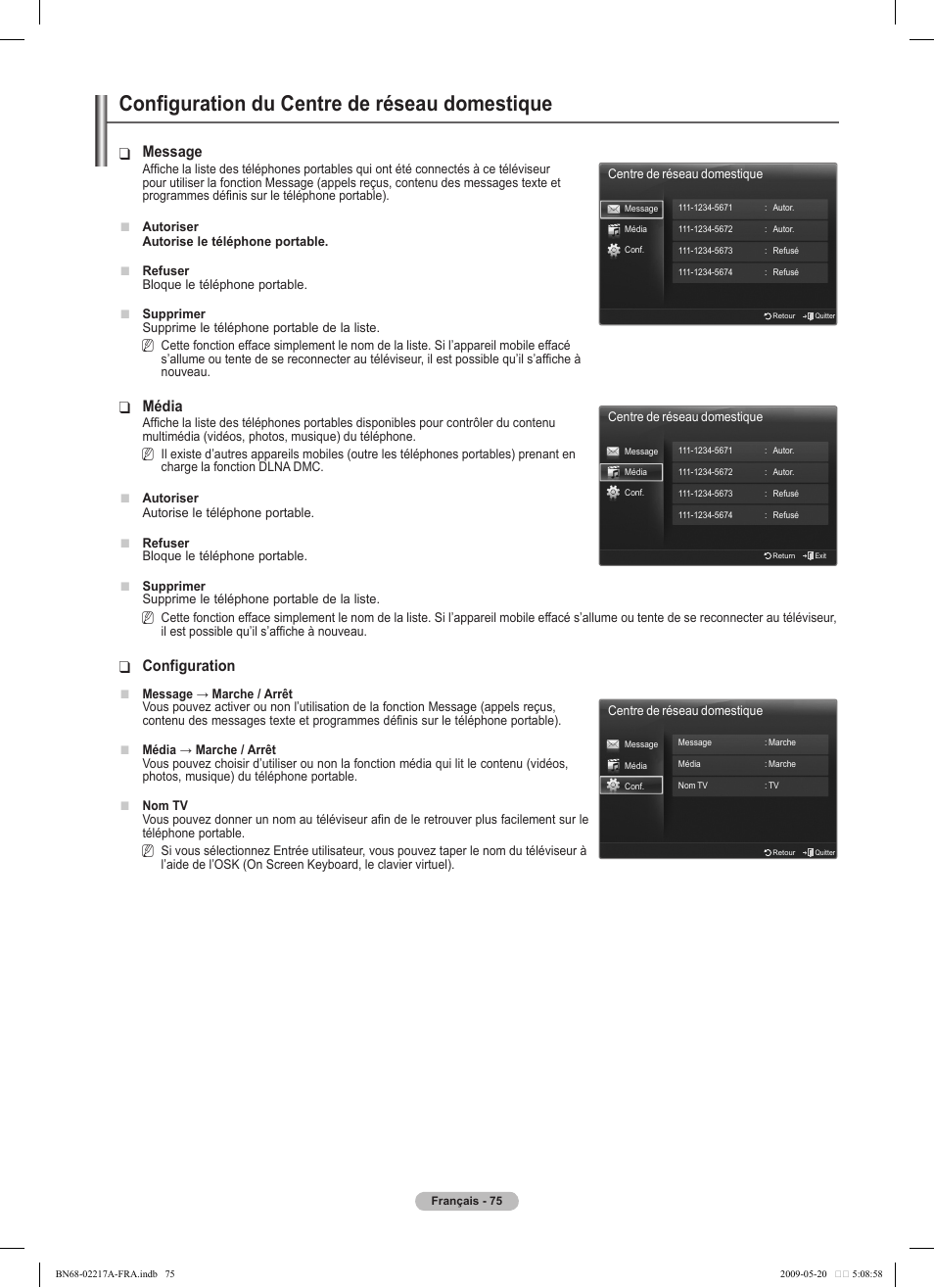 Configuration du centre de réseau domestique, Message, Média | Configuration | Samsung PS50B679S1S User Manual | Page 248 / 339