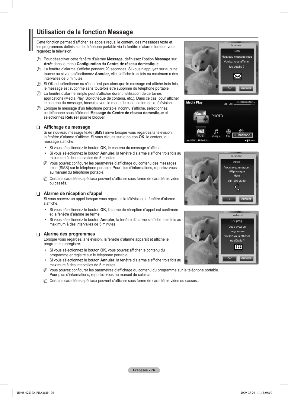 Utilisation de la fonction message, Affichage du message, Alarme de réception d’appel | Alarme des programmes | Samsung PS50B679S1S User Manual | Page 249 / 339