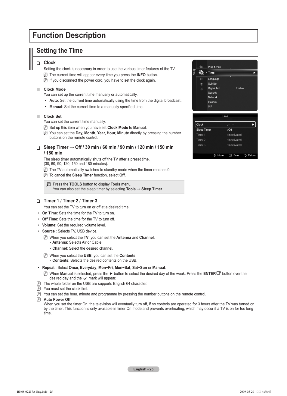 Function description, Setting the time | Samsung PS50B679S1S User Manual | Page 25 / 339