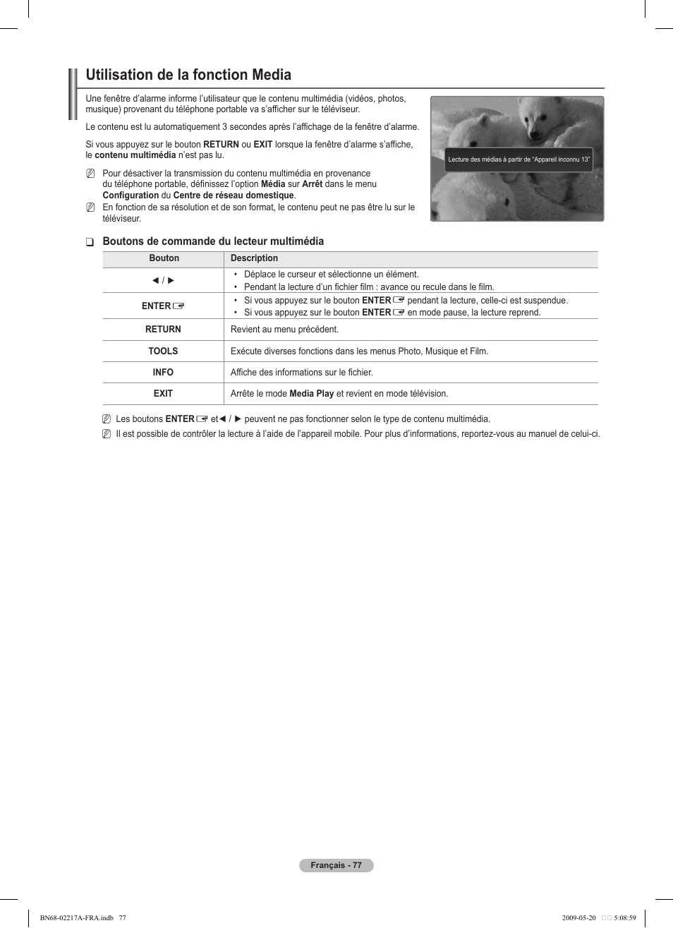 Utilisation de la fonction media | Samsung PS50B679S1S User Manual | Page 250 / 339