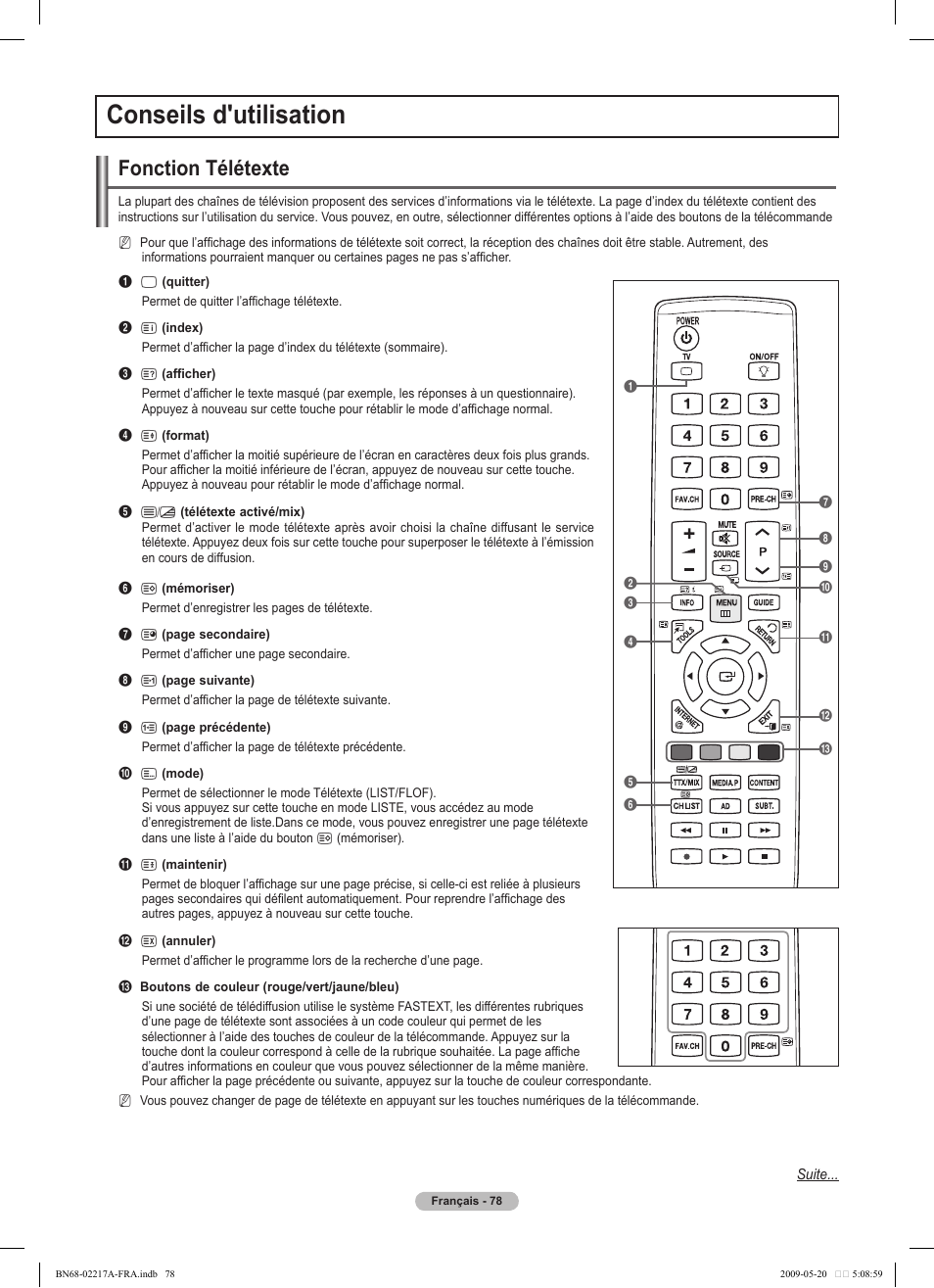 Conseils d'utilisation, Fonction télétexte | Samsung PS50B679S1S User Manual | Page 251 / 339