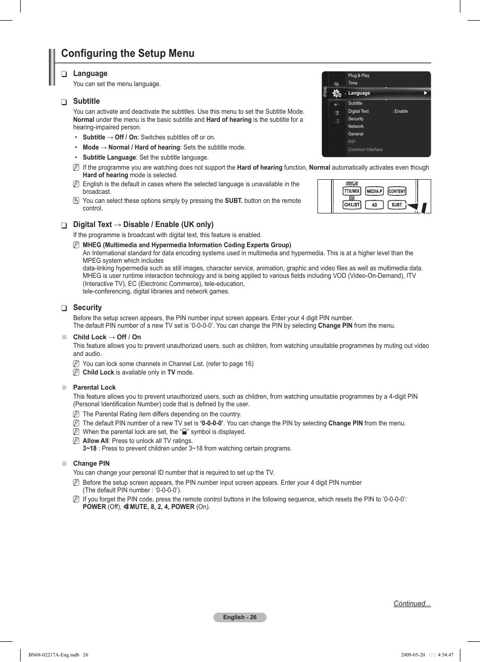 Configuring the setup menu | Samsung PS50B679S1S User Manual | Page 26 / 339