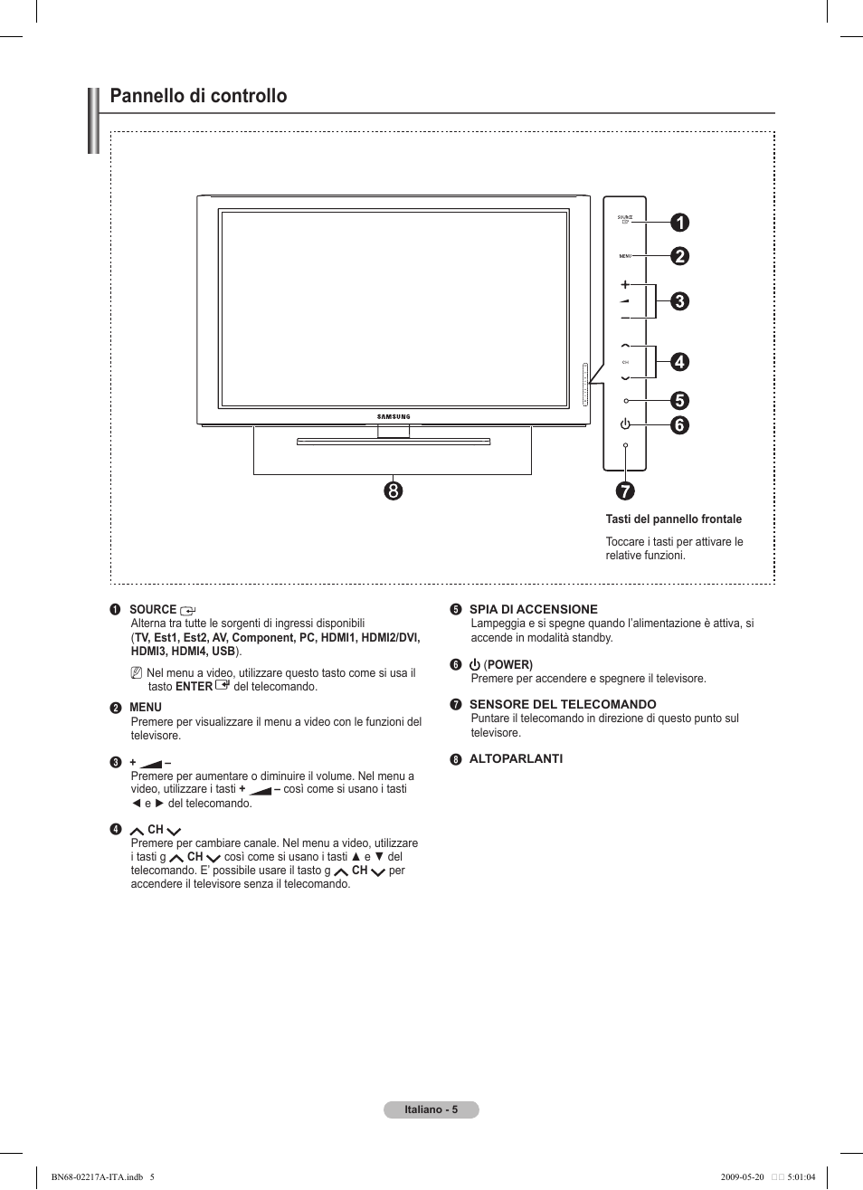 Pannello di controllo | Samsung PS50B679S1S User Manual | Page 260 / 339