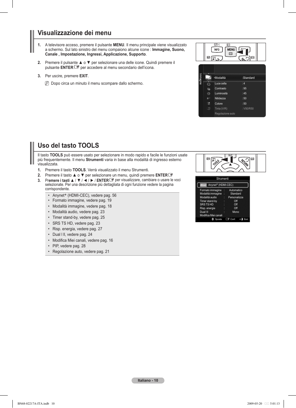 Visualizzazione dei menu, Uso del tasto tools | Samsung PS50B679S1S User Manual | Page 265 / 339