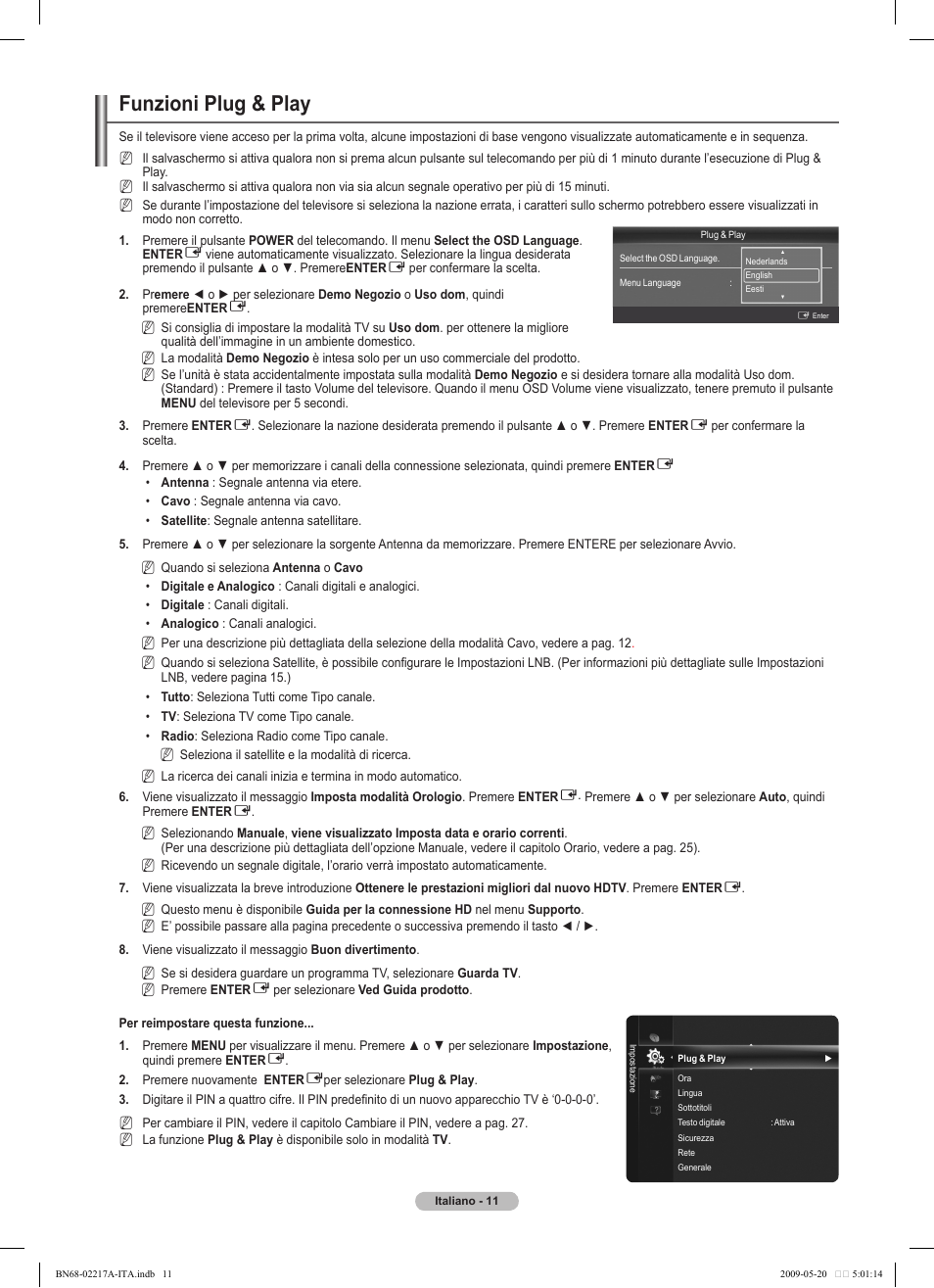 Funzioni plug & play | Samsung PS50B679S1S User Manual | Page 266 / 339