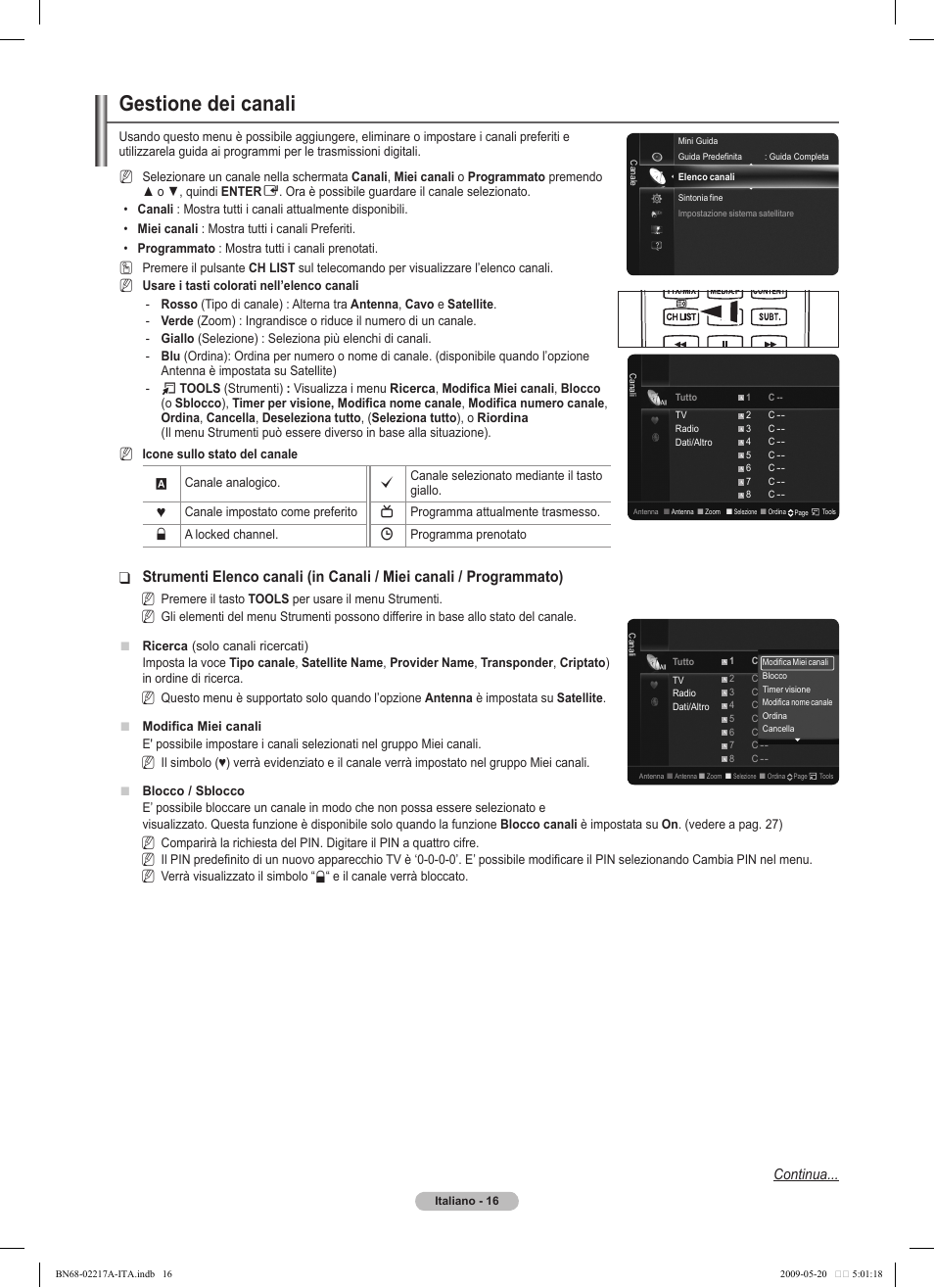 Gestione dei canali, Continua | Samsung PS50B679S1S User Manual | Page 271 / 339