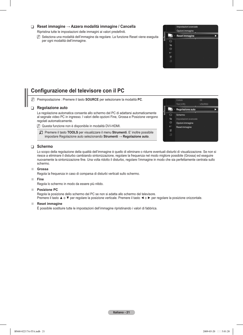 Configurazione del televisore con il pc, Regolazione auto, Schermo | Samsung PS50B679S1S User Manual | Page 276 / 339