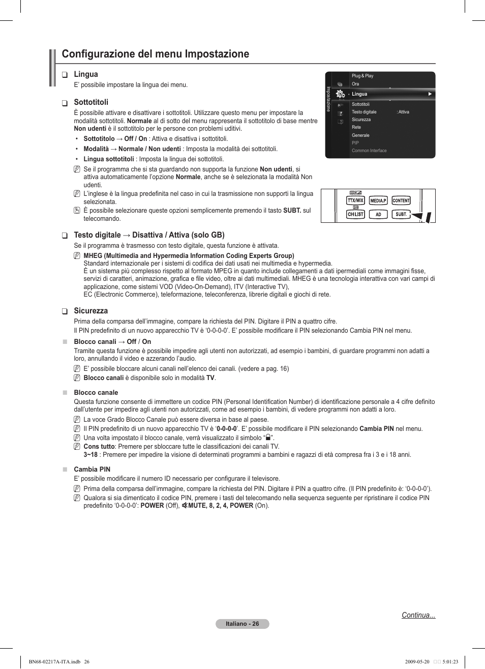 Configurazione del menu impostazione | Samsung PS50B679S1S User Manual | Page 281 / 339