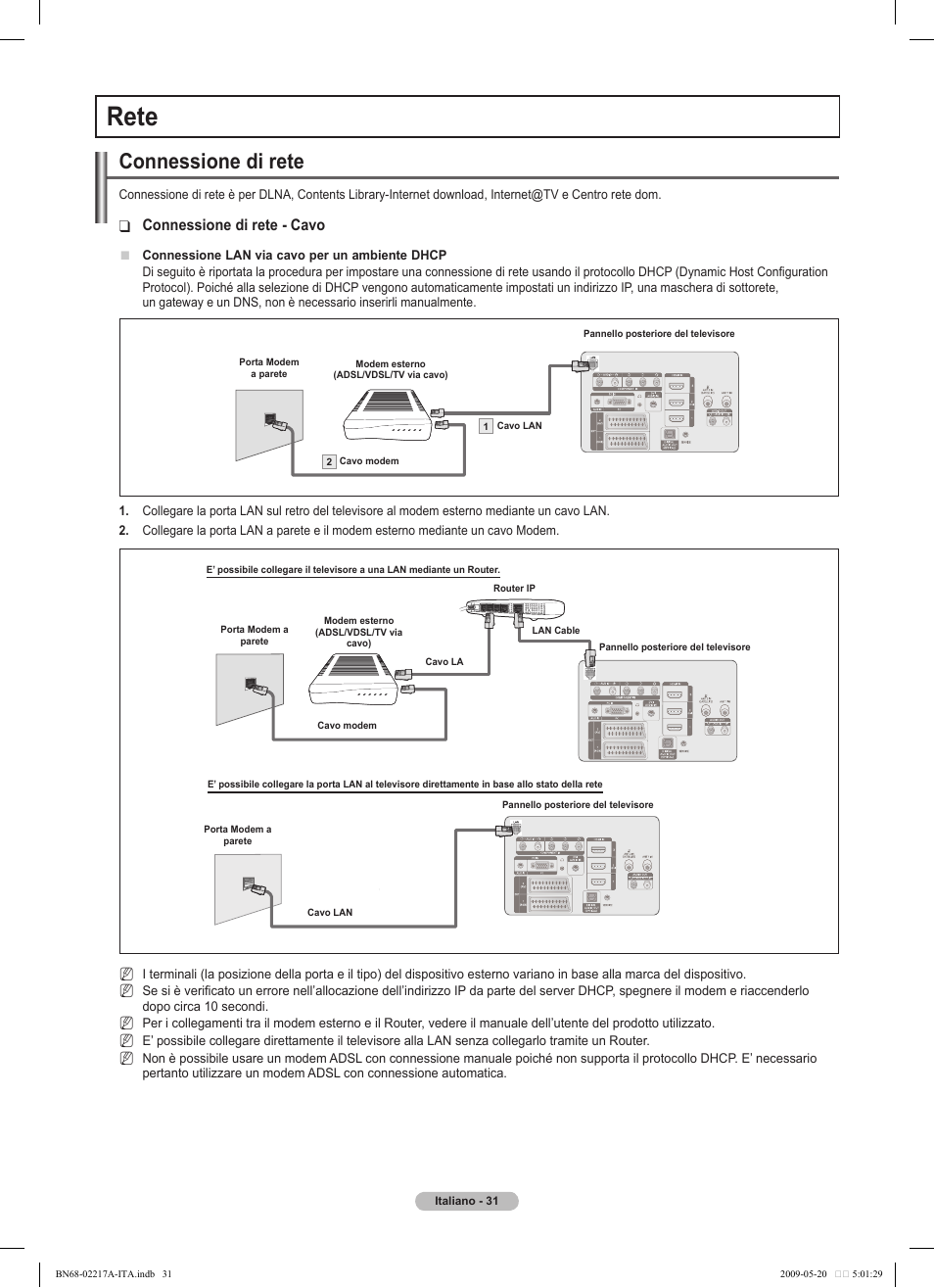 Rete, Connessione di rete, Connessione di rete - cavo | Samsung PS50B679S1S User Manual | Page 286 / 339