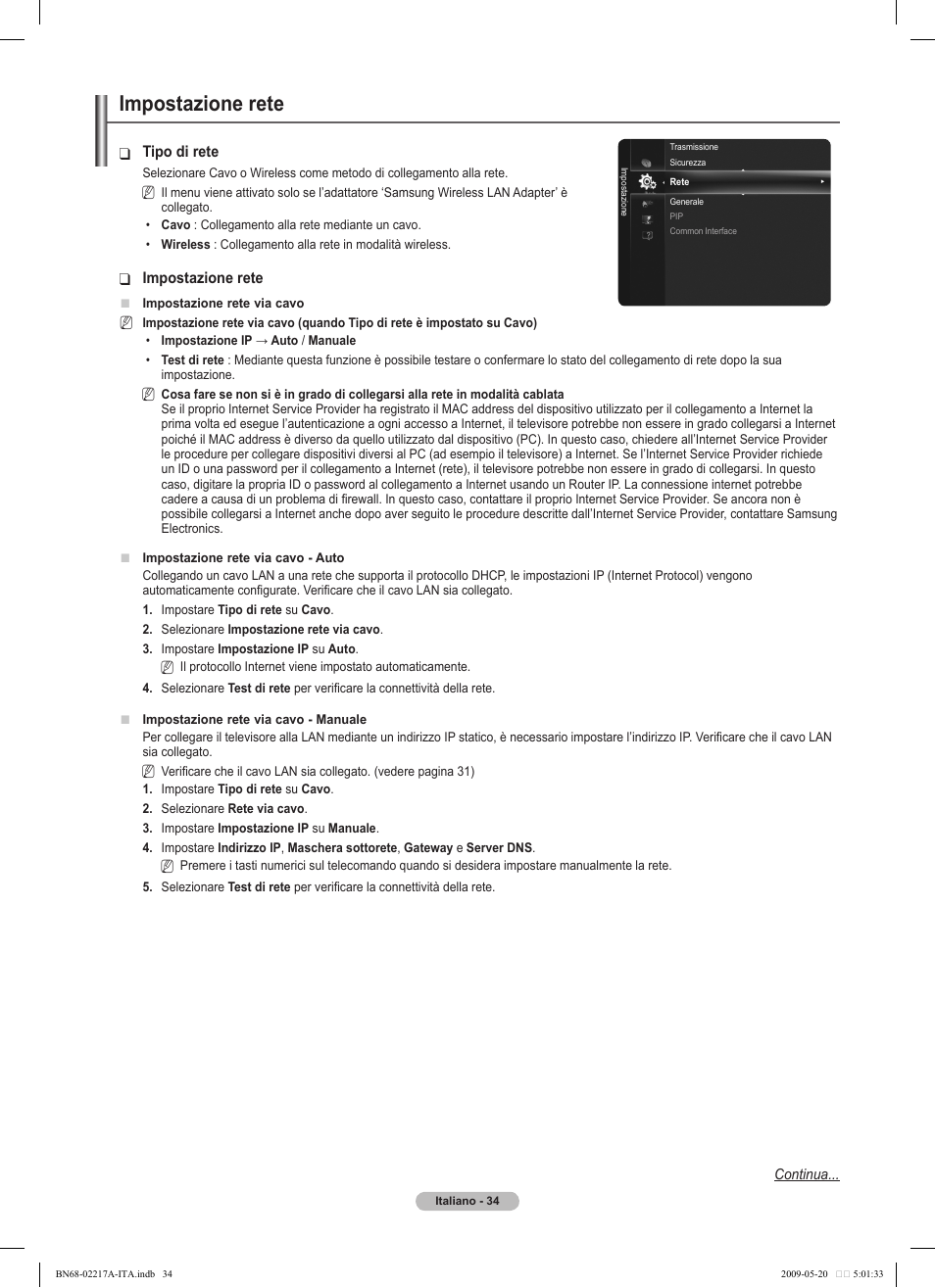 Impostazione rete | Samsung PS50B679S1S User Manual | Page 289 / 339